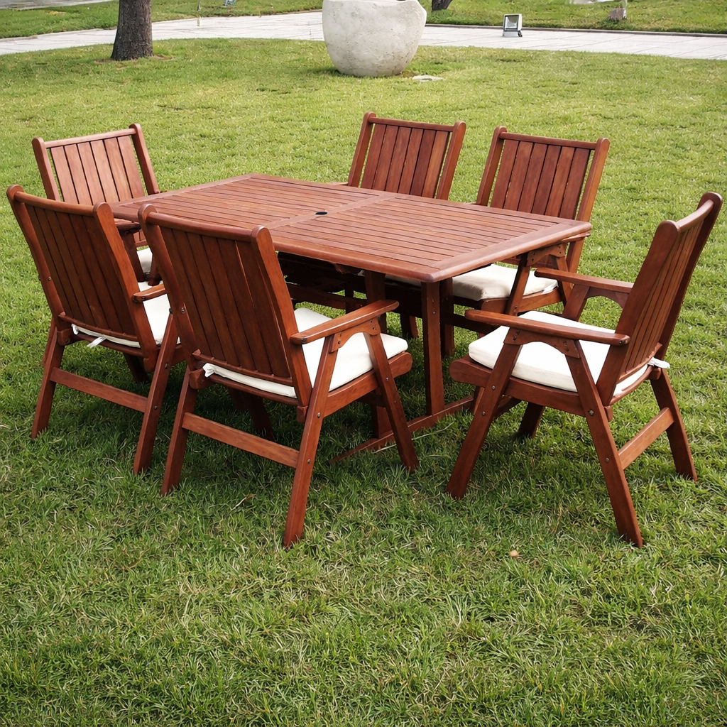 70102fur0085 Outd Dining Set Furniture 129/225Wooden+Cush Beige - Image 1